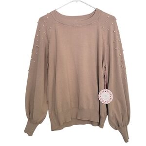 NWT Umgee Pearl Shoulder Accent Pullover Puff Long Sleeve Sweater Tan Viscose SM